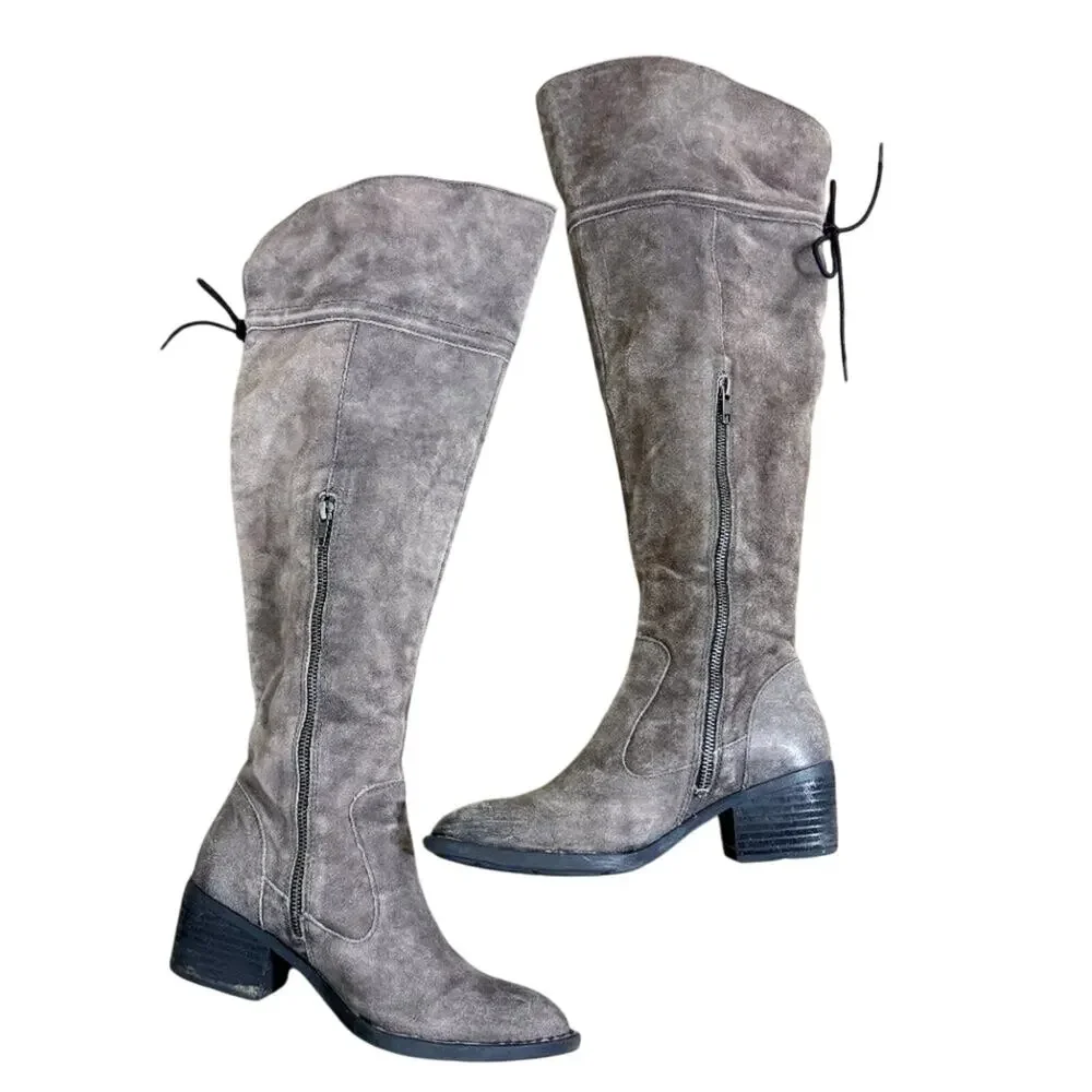Born Taupe Suede Over the Knee Boots Women's 7.5 Side Zip/Back Tie Flannel Lined
